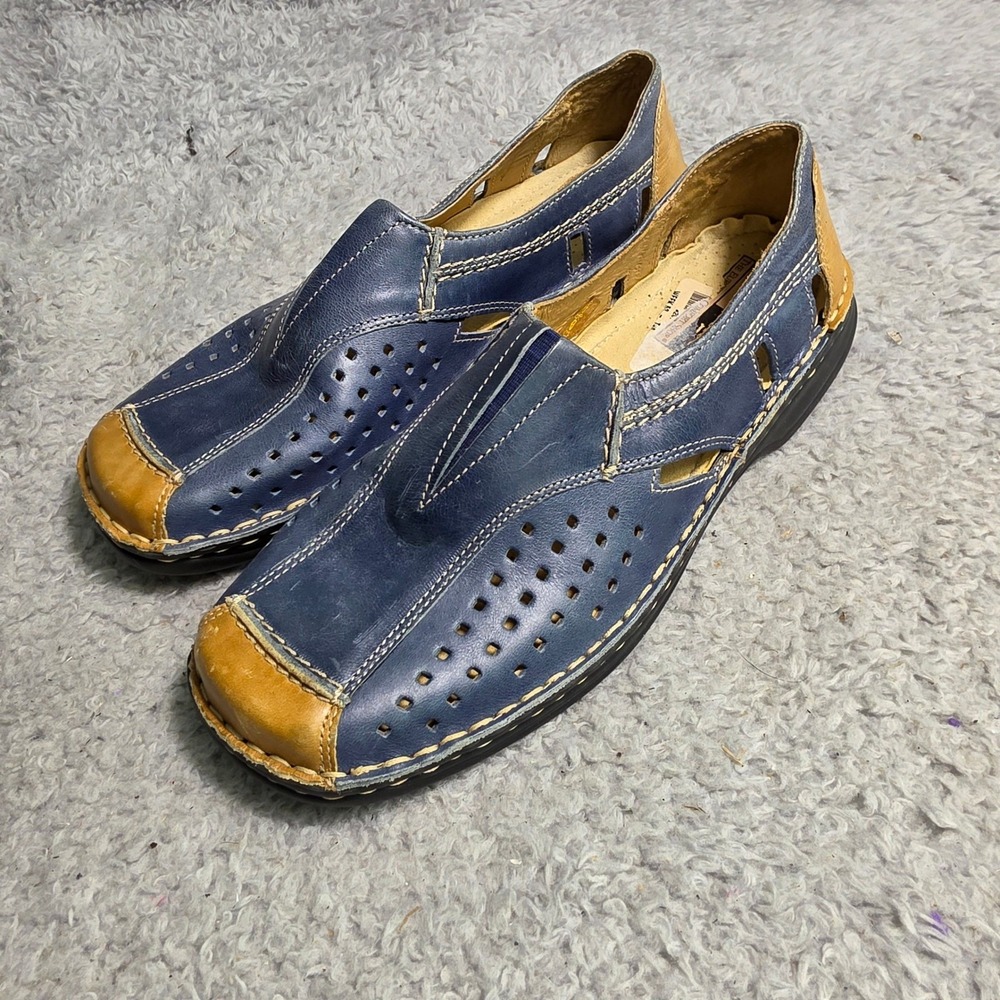 Josef Seibel Loafers Blue Tan Leather Perforated Slip On Shoes Womens 38 7 7.5